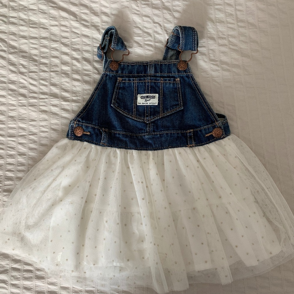 Denim overall dress with white tulle tutu